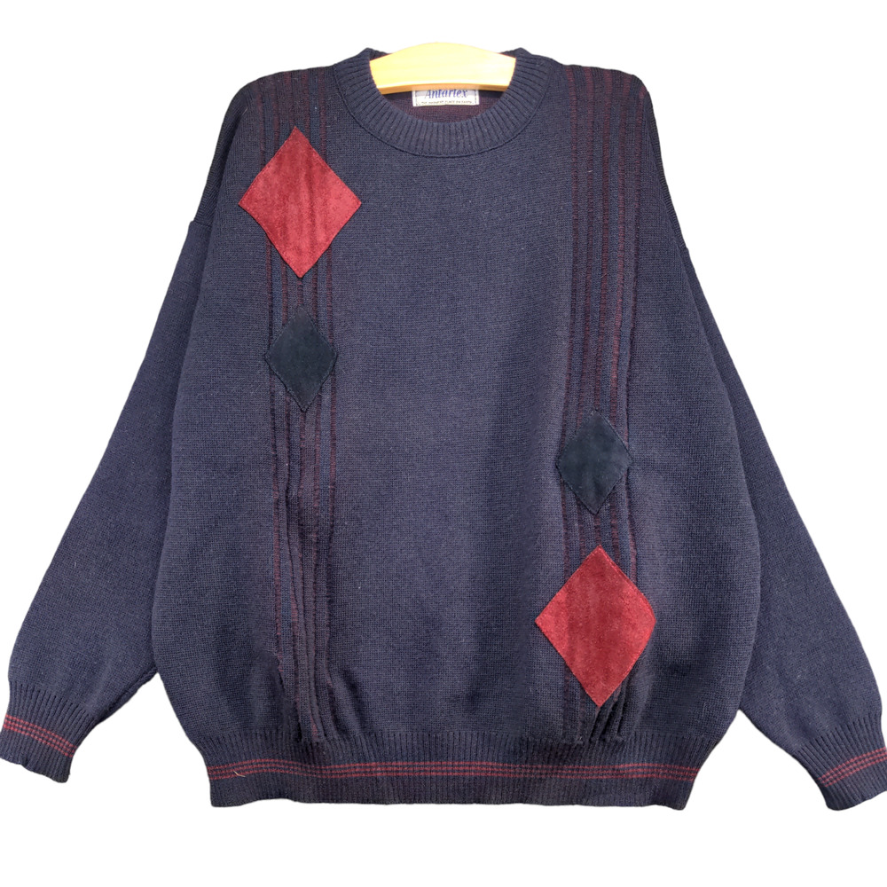 Antartex Men's Pullover Knit Sweater Blue XL Diamond Patch Striped Wool Vintage